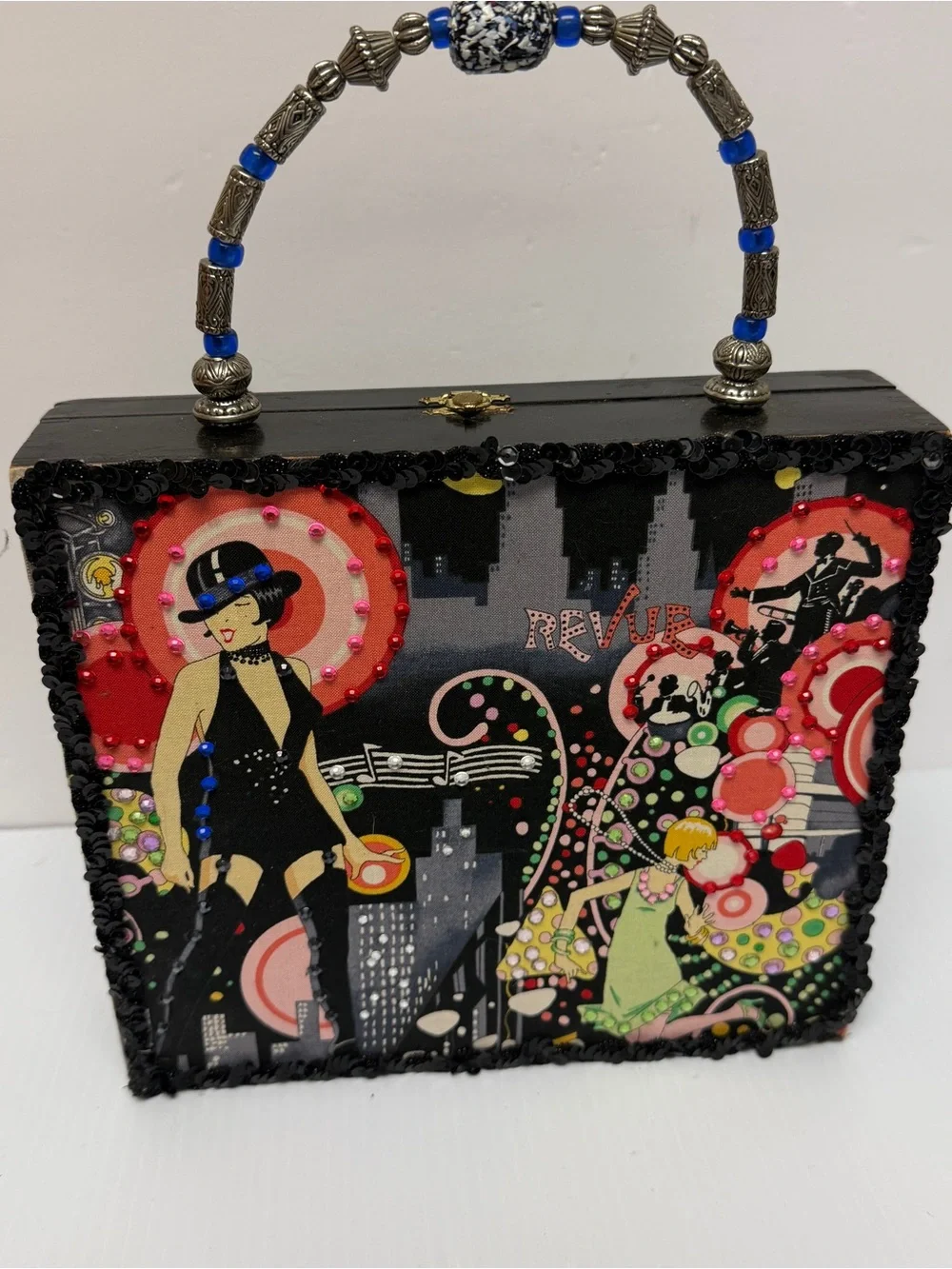 Vintage-Inspired Black cigar box Graphic Beaded Handle Box Bag